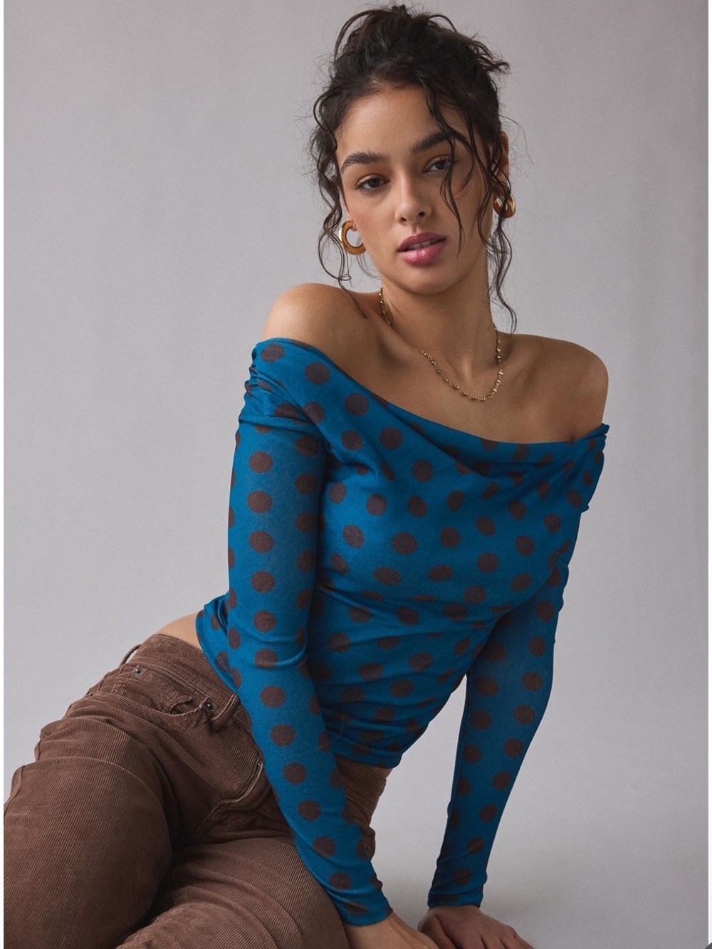 Off-Shoulder Blue Polka Dot Women's Sweater